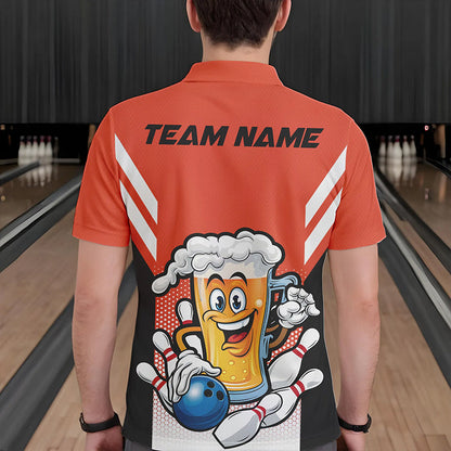 Custom Funny Beer Bowling Polo Shirts For Men, Orange Bowling Team Bowling League Shirt IPHW8931