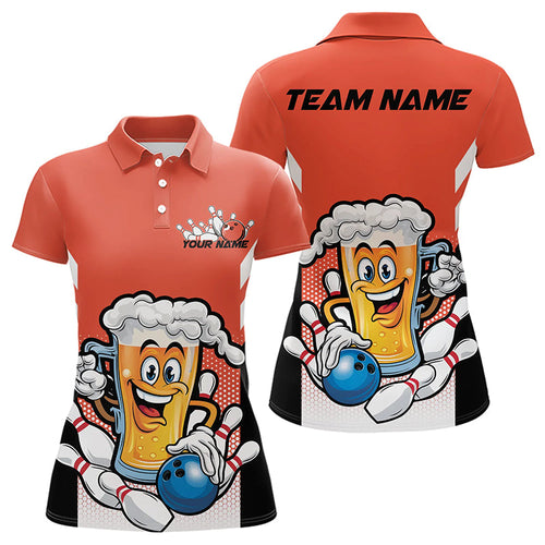 Custom Funny Beer Bowling Polo Shirts For Women, Orange Bowling Team Bowling League Shirt IPHW8931