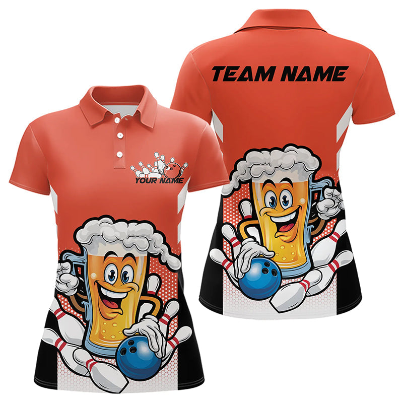 Custom Funny Beer Bowling Polo Shirts For Women, Orange Bowling Team Bowling League Shirt IPHW8931