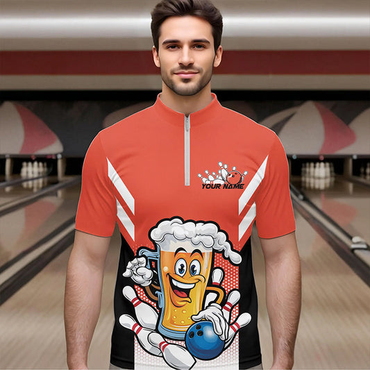 Custom Funny Beer Bowling Quarter-Zip Shirts For Men, Orange Bowling Team Bowling League Shirt IPHW8931