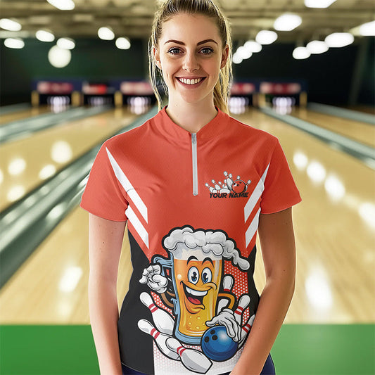 Custom Funny Beer Bowling Quarter-Zip Shirts For Women, Orange Bowling Team League Shirt IPHW8931