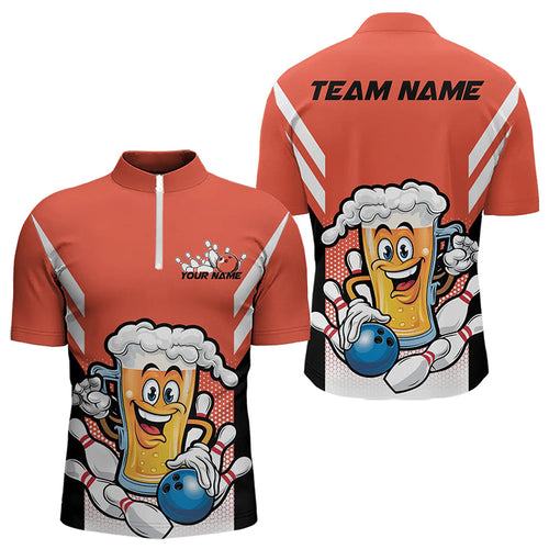 Custom Funny Beer Bowling Quarter-Zip Shirts For Men, Orange Bowling Team Bowling League Shirt IPHW8931