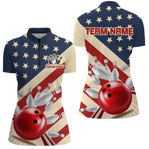 Vintage American Flag Custom Bowling Team Shirt For Women, Retro Patriotic Bowling Jersey IPHW6515