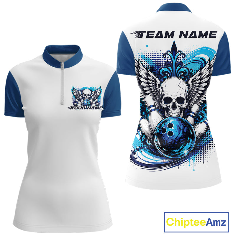 Front and back views of a white womens bowling shirt with quarter zip collar, blue skull-themed bowling graphic with black wings, pins, bowling ball