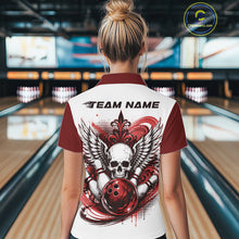 Load image into Gallery viewer, Back view of a woman in a bowling alley wearing a bowling shirt with polo collar, red skull-themed bowling graphic with black wings, pins, bowling ball shirt with “Team Name” across the shoulders.