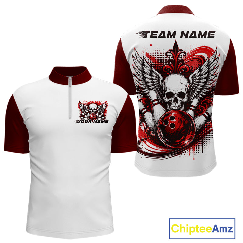 Front and back views of a white mens bowling shirt with quarter zip collar, red skull-themed bowling graphic with black wings, pins, bowling ball