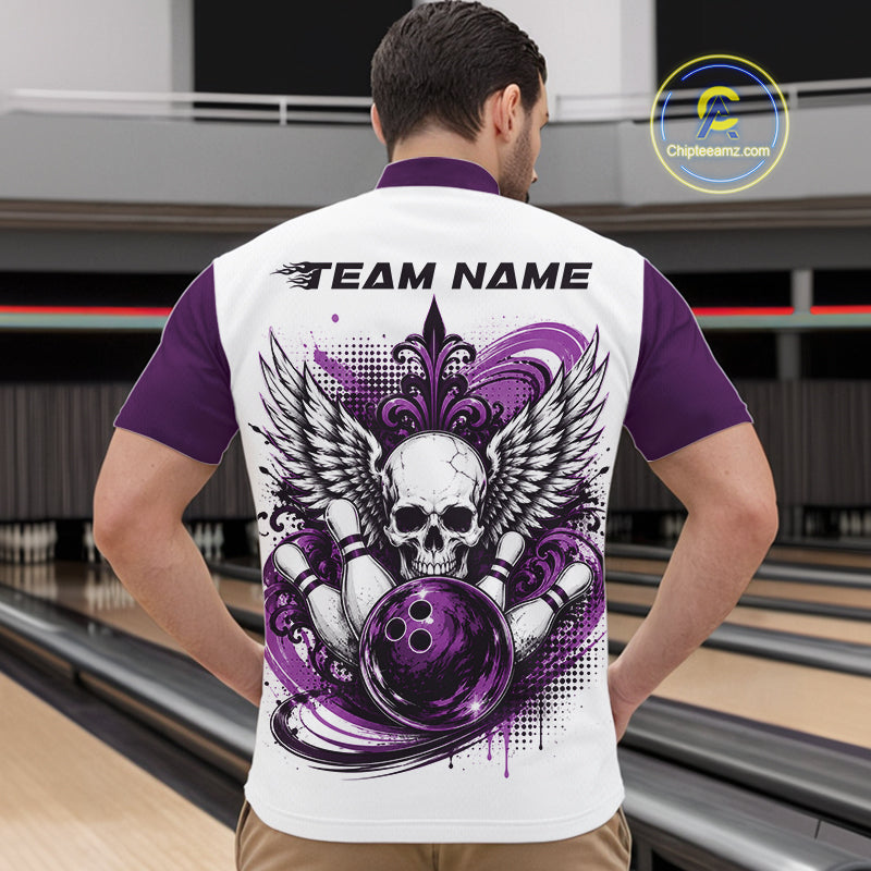 Back view of a man in a bowling alley wearing a bowling shirt with quarter zip collar, purple skull-themed bowling graphic with black wings, pins, bowling ball shirt with “Team Name” across the shoulders.