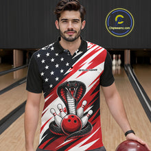 Load image into Gallery viewer, A man stands in a bowling alley wearing a black, white, and red bowling shirt with stars, diagonal stripes, a cobra, pins, and an red ball.