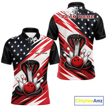 Load image into Gallery viewer, Front and back views of a black, white, and red thin line american flag bowling men quarter zip shirt with cobra artwork, bowling pins, an red ball, and customizable name text.