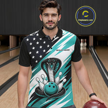 Load image into Gallery viewer, A smiling man stands in a bowling alley wearing a black, white, and blue bowling shirt with stars, diagonal stripes, a cobra, pins, and an blue ball.