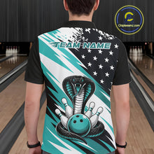 Load image into Gallery viewer, Back view of a man in a bowling alley wearing a black, white, and blue american flag cobra-themed shirt with “Team Name” across the shoulders.