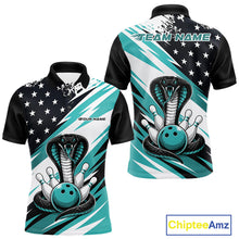 Load image into Gallery viewer, Front and back views of a black, white, and blue thin line american flag bowling men quarter zip shirt with cobra artwork, bowling pins, an blue ball, and customizable name text.