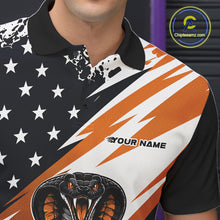 Load image into Gallery viewer, Close-up of a black, white, and orange bowling polo with star graphics, diagonal lightning-style stripes, and “Your Name” text on the chest.