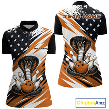 Load image into Gallery viewer, Front and back views of a black, white, and orange thin line american flag bowling women quarter zip shirt with cobra artwork, bowling pins, an orange ball, and customizable name text.
