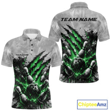 Load image into Gallery viewer, Front and back view of a men's bowling polo shirt mockup featuring a dramatic green bowling ball and pins graphic with claw-mark artwork on a gray shirt.
