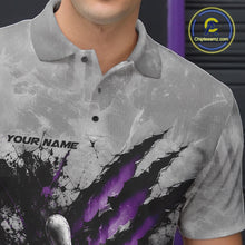 Load image into Gallery viewer, Close-up of the left chest on a gray bowling polo shirt featuring a dramatic purple bowling ball and pins graphic with claw-mark artwork.