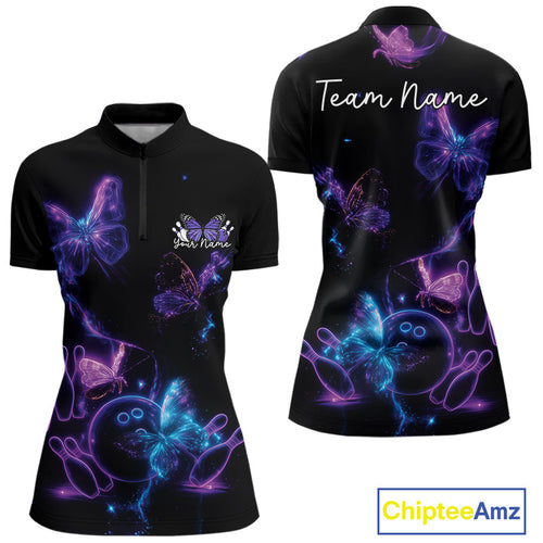 Custom Blue And Purple Butterfly Women Bowling Team Shirts, Ladies Bowling League Shirt IPHW10156