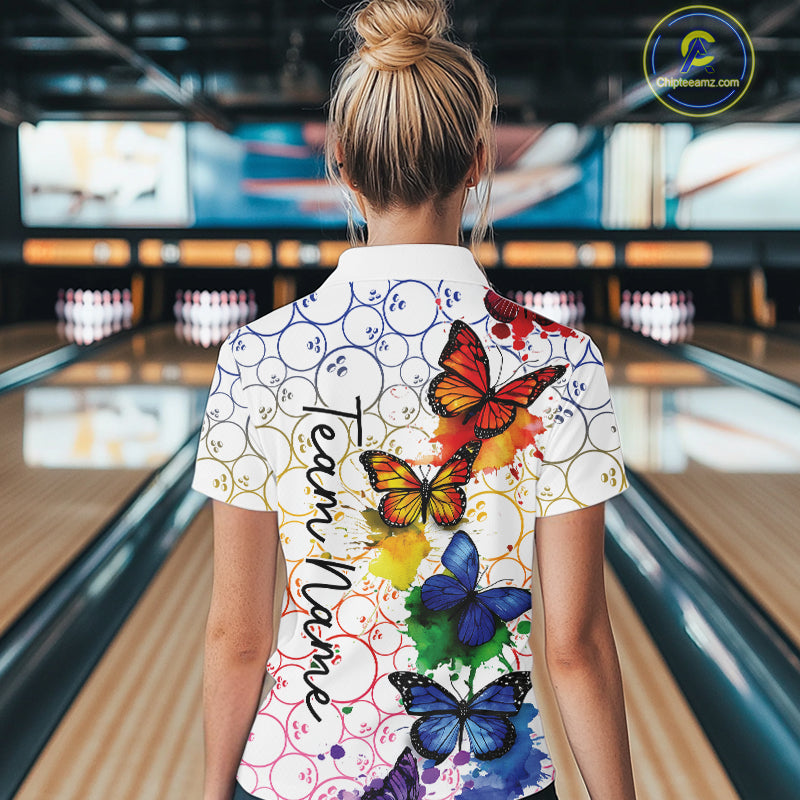 Custom Rainbow Colorful Butterfly Women Bowling Shirt, Watercolor Bowling Shirt IPHW10157