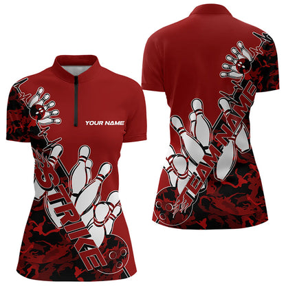 Custom Red Camo Strike Womens Bowling Quarter-Zip Shirts, Team Bowling League Shirt Shirt IPHW8443