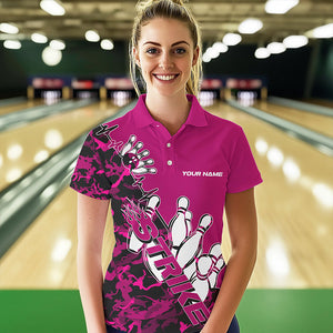 Custom Pink Camo Strike Womens Bowling Polo Shirts, Strike Team Bowling League Shirt Shirt IPHW8444