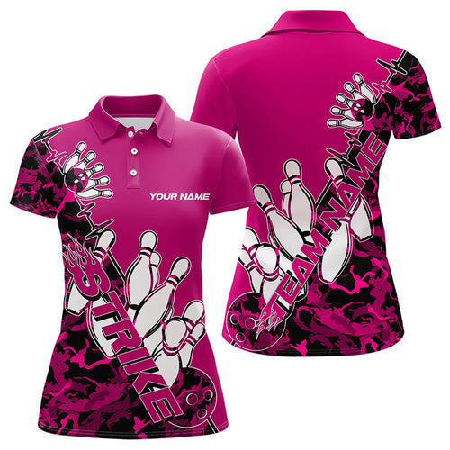 Custom Pink Camo Strike Womens Bowling Polo Shirts, Strike Team Bowling League Shirt Shirt IPHW8444