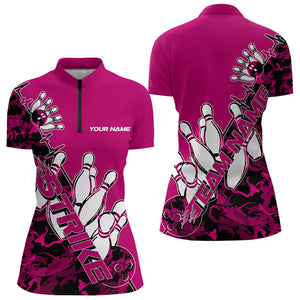 Custom Pink Camo Strike Womens Bowling Quarter-Zip Shirts, Team Bowling League Shirt Shirt IPHW8444