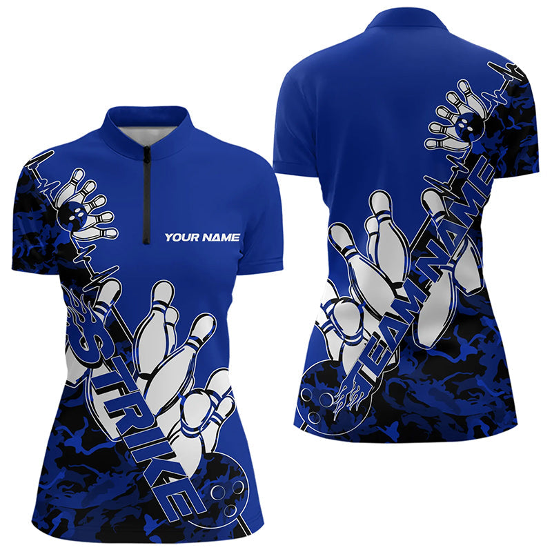 Custom Blue Camo Strike Womens Bowling Quarter-Zip Shirts, Team Bowling League Shirt Shirt IPHW8446