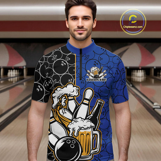 Custom Black And Blue Retro Bowling Beer Team Shirts For Men, Bowling Pattern Jerseys IPHW10537