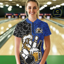 Load image into Gallery viewer, Custom Black And Blue Retro Bowling Beer Team Shirts For Women, Bowling Pattern Jerseys IPHW10537