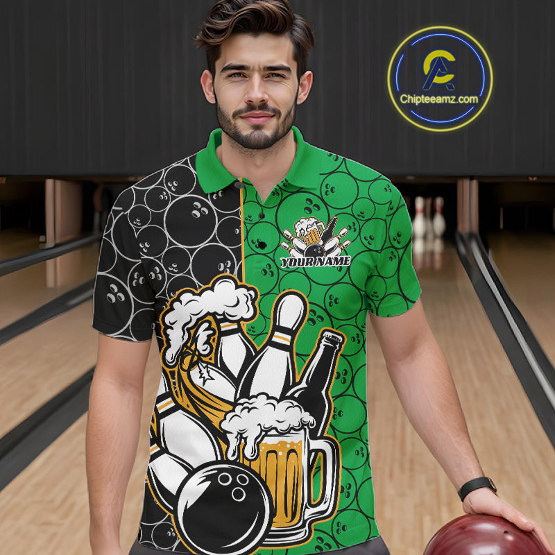 Custom Black And Green Retro Bowling Beer Team Shirts For Men, Bowling Pattern Jerseys IPHW10539