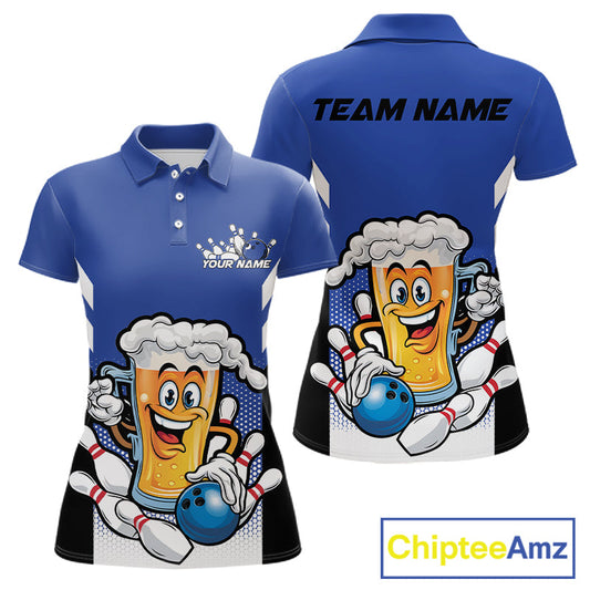 Custom Funny Blue Bowling Jerseys Bowling And Beer Women Polo Shirts, Bowling Jerseys IPHW10541