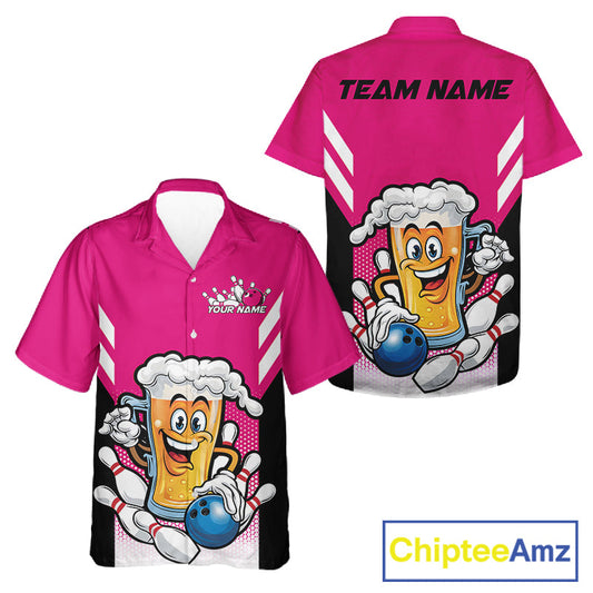 Custom Funny Pink Bowling Jerseys Bowling And Beer Men And Women Hawaiian Shirts, Bowling Jerseys IPHW10542