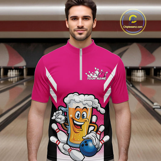 Custom Funny Pink Bowling Jerseys Bowling And Beer Men Quarter-Zip Shirts, Bowling Jerseys IPHW10542