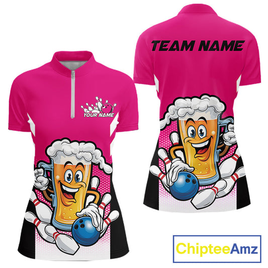 Custom Funny Pink Bowling Jerseys Bowling And Beer Women Shirts, Bowling Jerseys IPHW10542