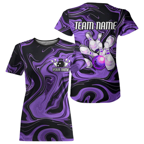 Purple Bowling Ball And Pins Custom Bowling T-Shirts For Women, Purple Bowlers Outfit IPHW6173