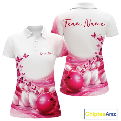 Front and back view of a women s white and pink bowling polo shirt with butterfly artwork and bowling-themed graphics.
