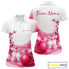 Load image into Gallery viewer, Custom Pink Butterfly Bowling Women Polo Shirt, Ladies Bowling Team Outfits IPHW11348