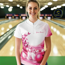Load image into Gallery viewer, Custom Pink Butterfly Bowling Women Quarter-Zip Shirt, Ladies Bowling Team Outfits IPHW11348