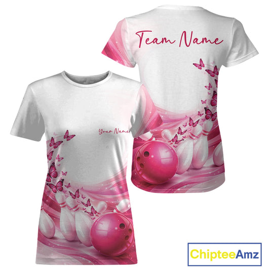 White t-shirt with pink bowling design and butterfly graphics, personalized with 'Team Name' and 'Your Name'.