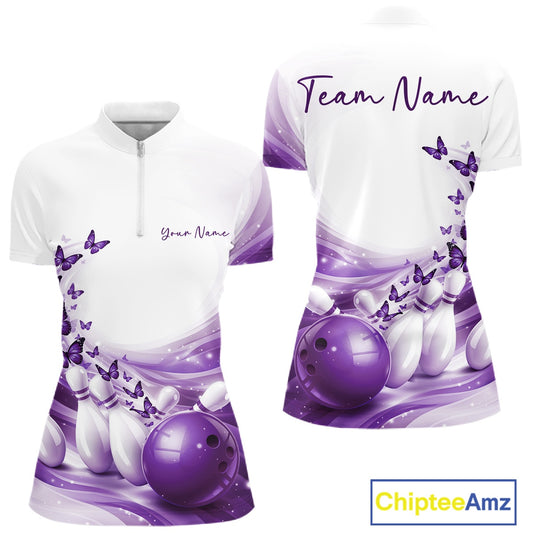 Women s white and purple bowling quarter zip mockup displayed from front and back with butterfly accents and bowling graphics.