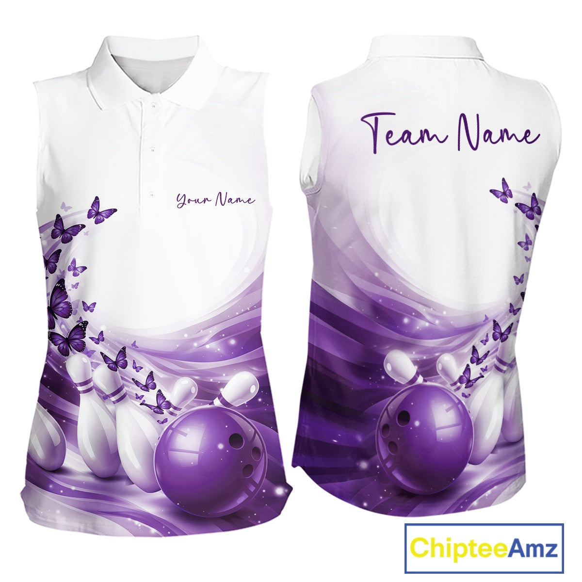 White sleeveless shirt with purple bowling design and butterfly graphics, personalized with 'Your Name' and 'Team Name'.