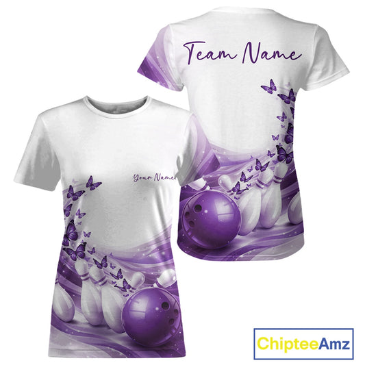 White t-shirt with purple bowling design and butterfly elements, personalized with 'Team Name' and 'Your Name'.