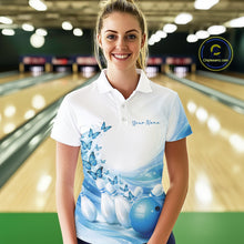 Load image into Gallery viewer, Custom Blue Butterfly Bowling Women Polo Shirt, Ladies Bowling Team Outfits IPHW11350