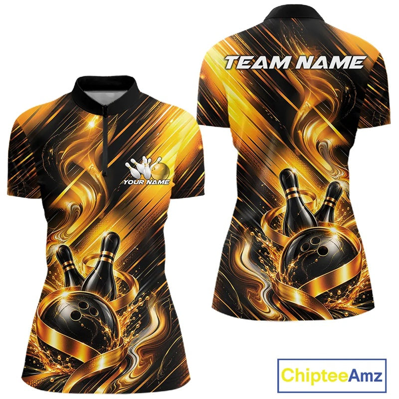 Front and back view of a women's bowling quarter zip mockup featuring a black and gold bowling ball striking pins with flowing metallic ribbon accents.