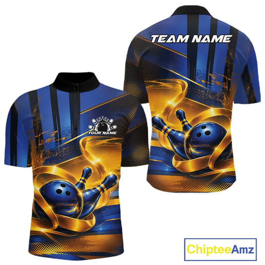 Front and back view of a men's bowling quarter zip shirt mockup featuring a glossy blue bowling ball and pins wrapped in elegant flowing gold ribbons.