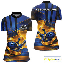 Load image into Gallery viewer, Front and back view of a women's bowling quarter zip mockup featuring a glossy blue bowling ball and pins wrapped in flowing gold ribbon accents.