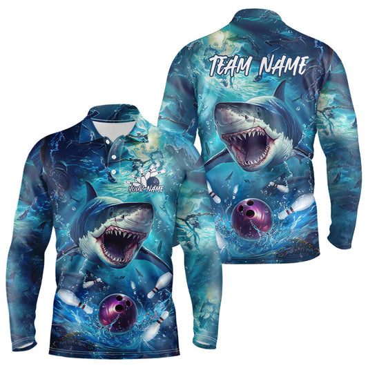 Custom Shark Bowling Long Sleeve Polo Shirts For Men, Shark Bowling Team Shirt IPHW8006