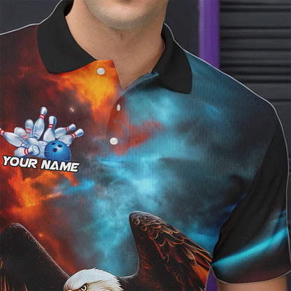 Blue And Orange Custom Flame Eagle Bowling Polo Shirts For Men, Bowling Team Shirt With Name IPHW8449
