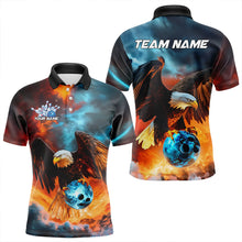 Load image into Gallery viewer, Blue And Orange Custom Flame Eagle Bowling Polo Shirts For Men, Bowling Team Shirt With Name IPHW8449