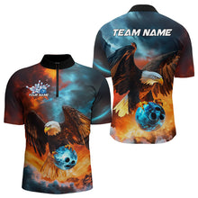 Load image into Gallery viewer, Blue And Orange Custom Flame Eagle Bowling Quarter-Zip Shirts For Men, Bowling Team Shirt With Name IPHW8449